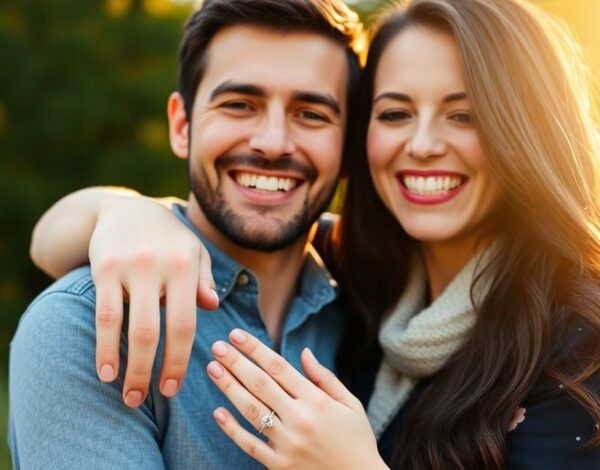 Engaged couple smiling with ring in a sunny outdoors.