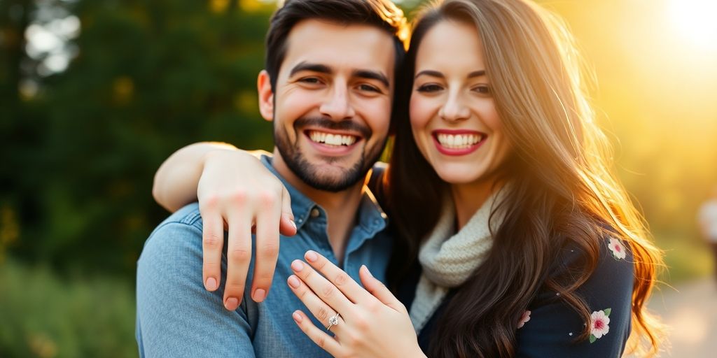 Engaged couple smiling with ring in a sunny outdoors.