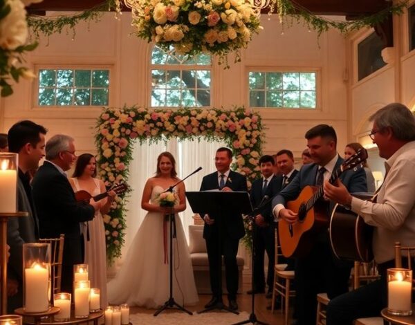 A wedding venue with flowers, candles, and musicians performing.