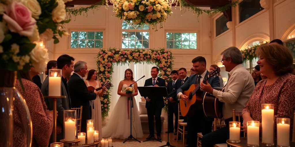 A wedding venue with flowers, candles, and musicians performing.