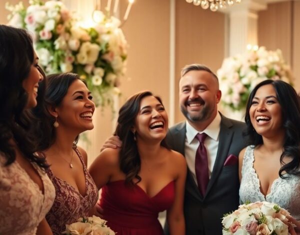 Friends happily celebrating together at a wedding venue.