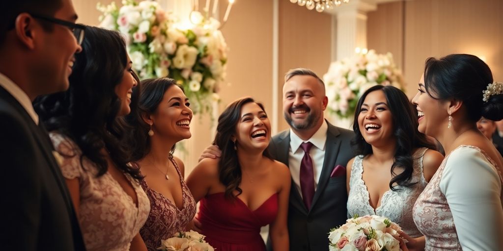 Friends happily celebrating together at a wedding venue.