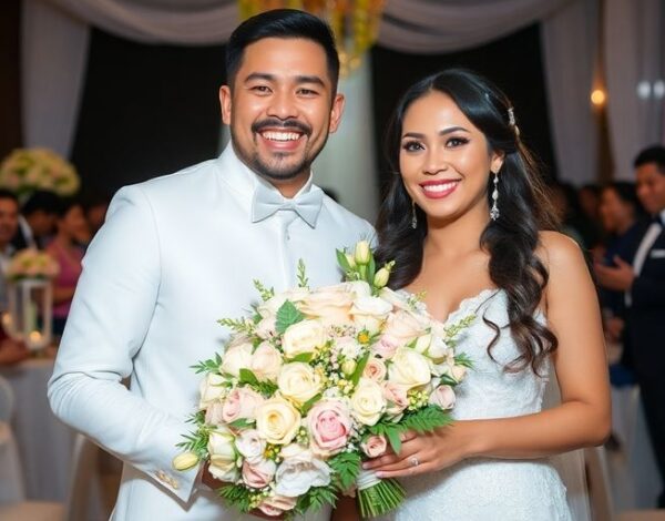 Couple celebrating wedding with flowers and elegant decor.