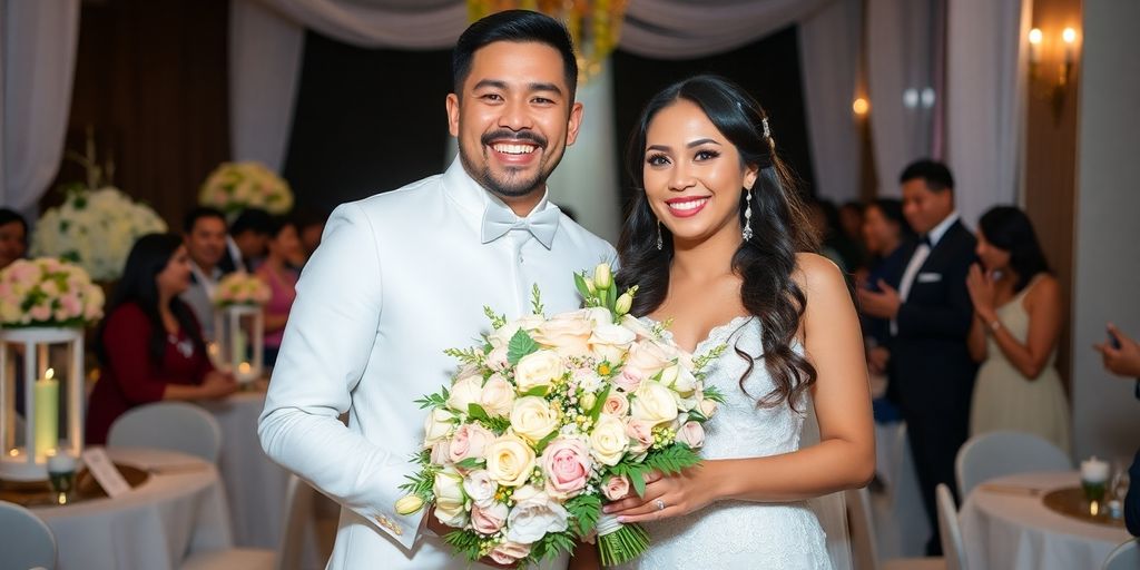 Couple celebrating wedding with flowers and elegant decor.