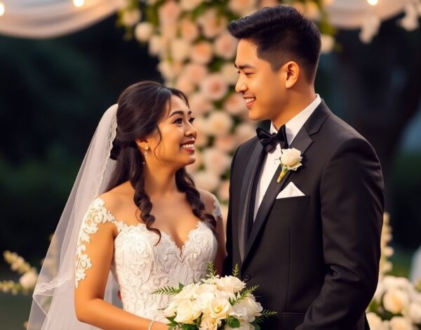 Bride and groom in traditional wedding attire smiling together.