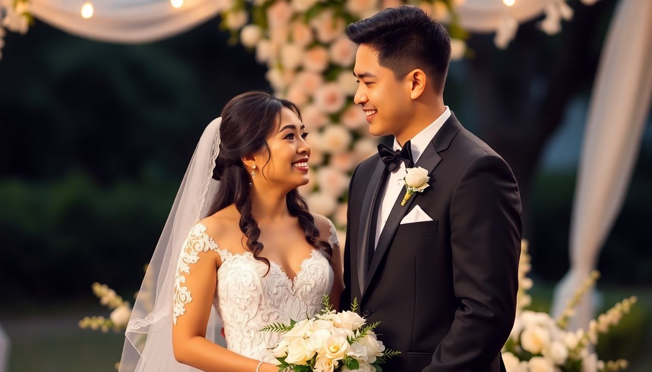 Bride and groom in traditional wedding attire smiling together.
