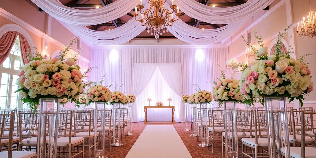 Elegant wedding venue with floral arrangements and soft lighting.