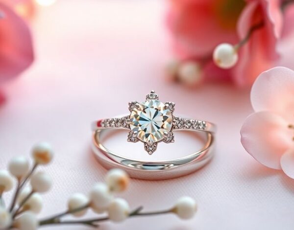 Engagement ring with flowers on a soft background.