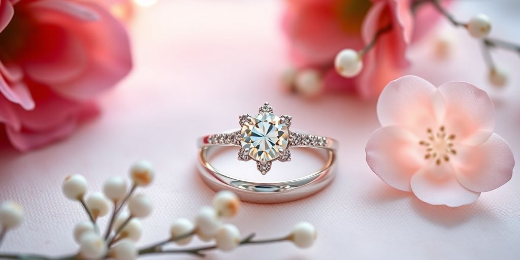 Engagement ring with flowers on a soft background.