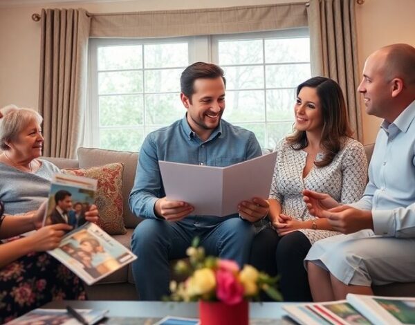 Couple discussing wedding plans with family in a living room.
