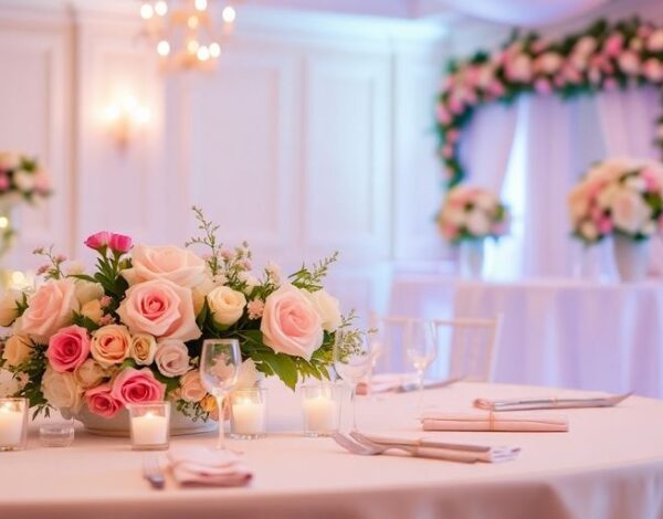 Elegant wedding reception table with flowers and soft lighting.