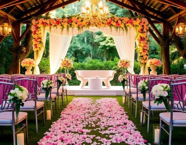 Elegant outdoor wedding venue with floral decorations and seating.